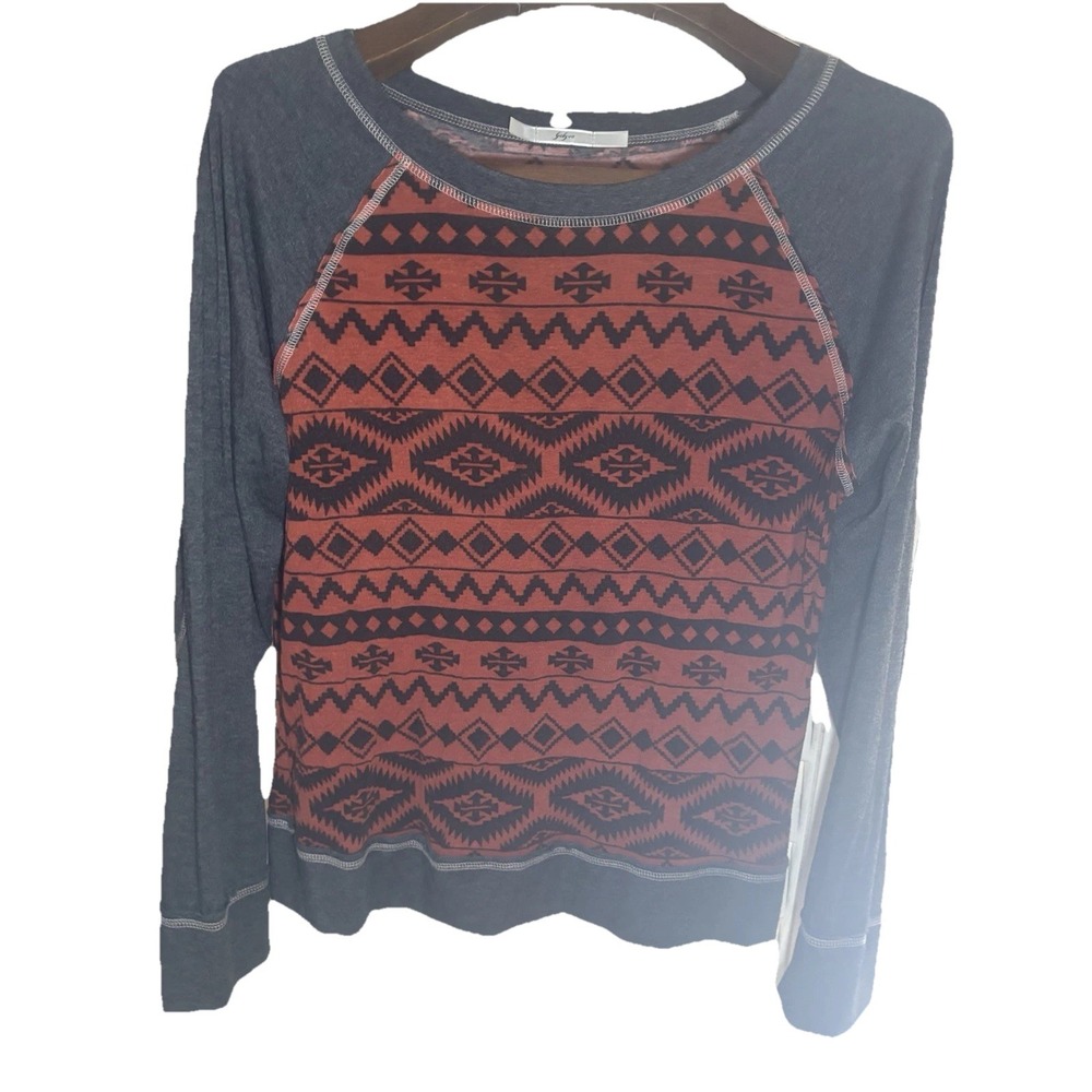 Gibson Charcoal Black‎ Orange Aztec Print Raglan T-Shirt Long Sleeve Size LG